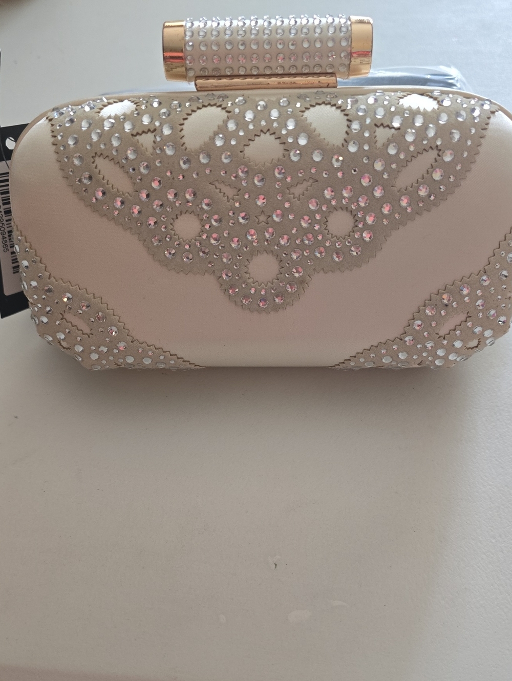 Badgley Mischka Cream Satin Crystal-Embellished Evening Clutch